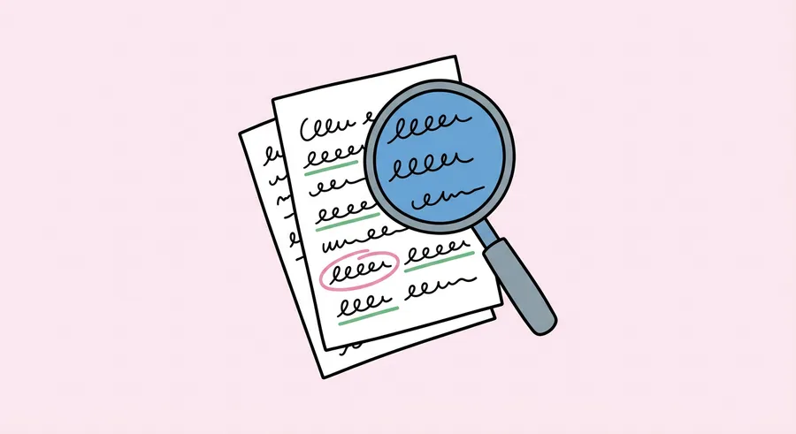Illustration de copies annotées sous une loupe